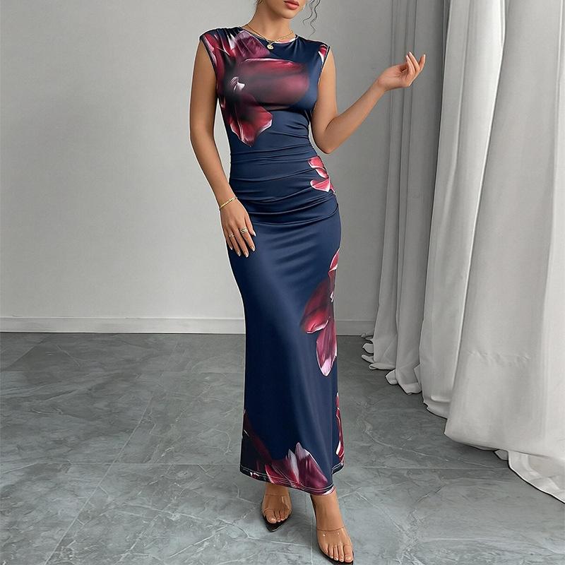 

Women s clothing, new spring models in Europe, America, slim-fitting flower-printed waist sleeveless hip-wrapped dress S тёмно-синий