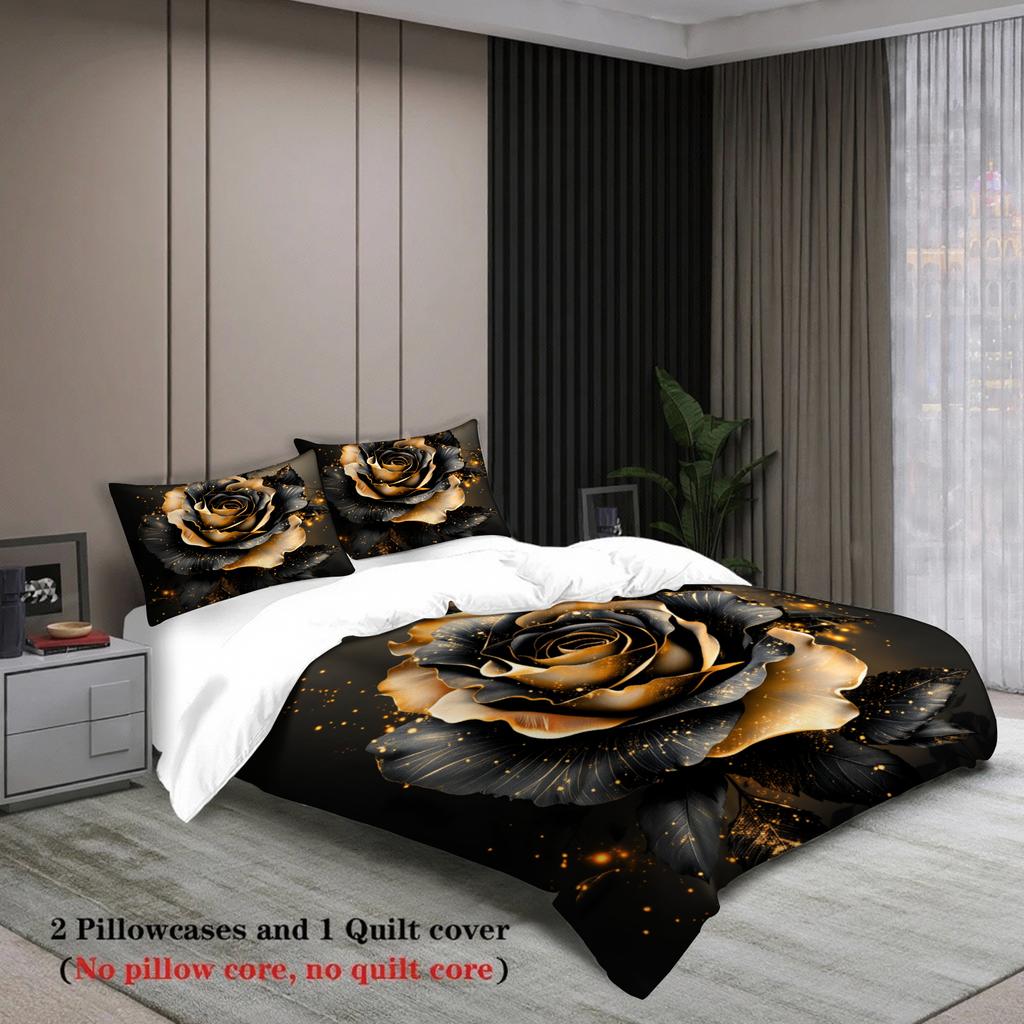 3Pcs Rose Flower Bedding Sets 3D Printed Black And Gold Floral Duvet Cover Sets With Pillowcases No Filling Luxury Full Size