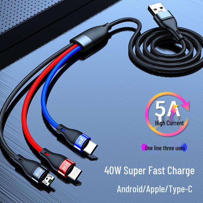 5A Super Fast 3-in-1 Braided Charging Cable, 2m Type-C to Triple Connector