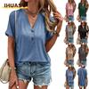 Women's Fashion Casual Solid Color Print Short Sleeve V Neck Blouses & Shirts