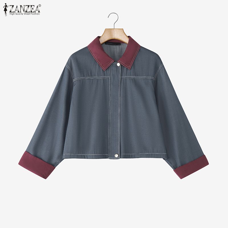 ZANZEA Women Splice Turn Down Collar Casual Long Sleeve Blouse