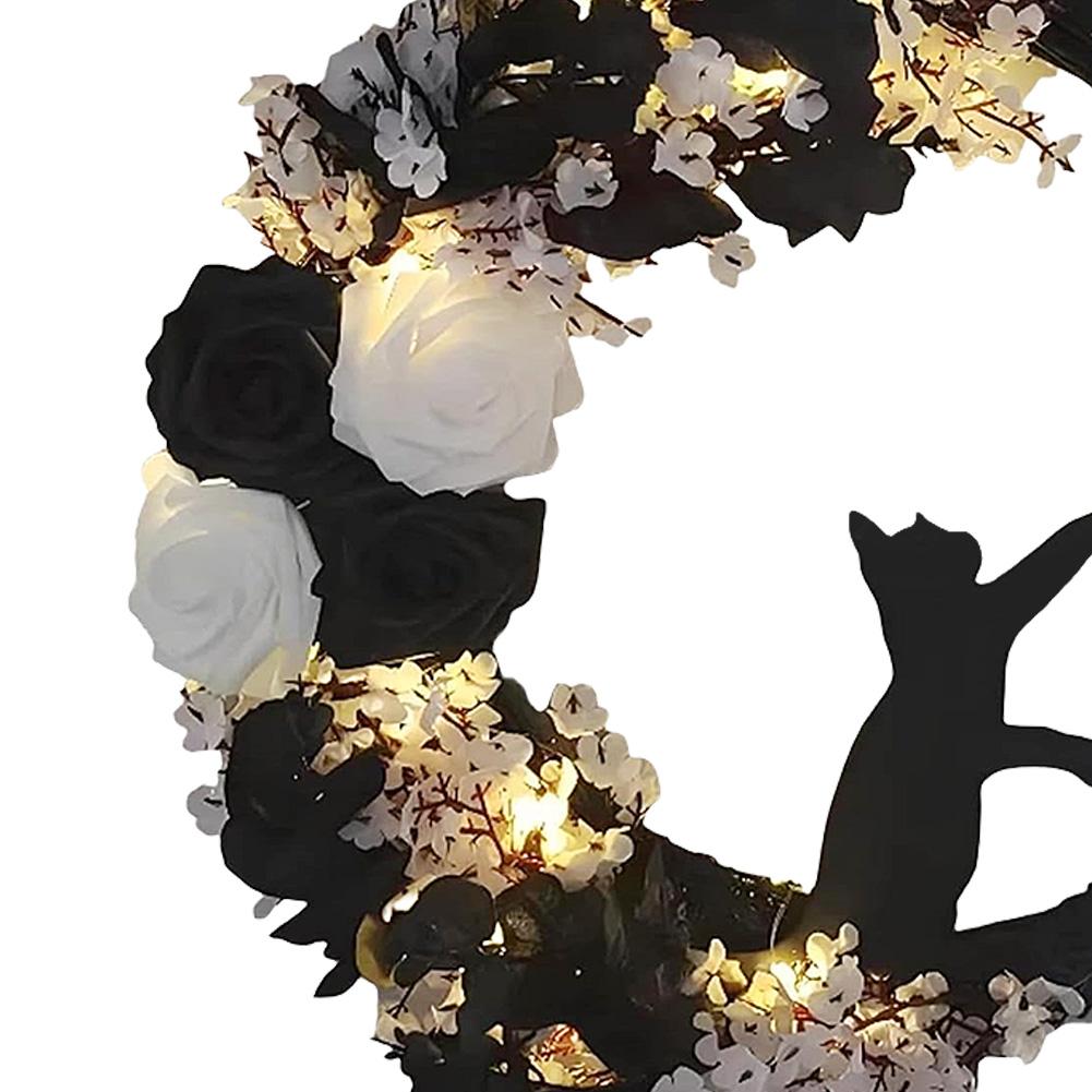 Gothic Wreath Decoration with Lights Halloween Moon Wreath with Black Cat Halloween Moon Cat Wreaths Halloween Decorations
