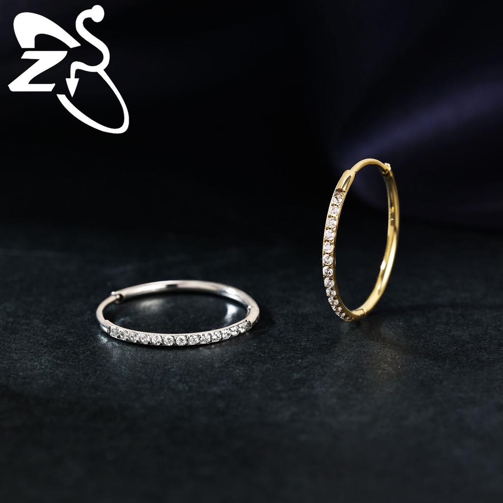 ZS 1 PC 20G Stainless Steel Hoop Earring 6/8/10/12MM Round Stud Earrings CZ Crystal Nose Ring Helix Cartilage Piercings Zircon