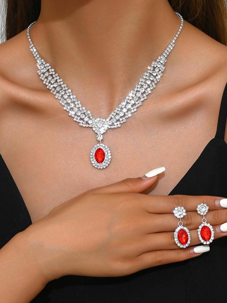 Luxury European Retro Crystal Zirconia Geometric Jewelry Set: Necklace, Earrings, Bracelet