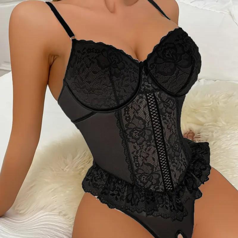 "Sexy Lace Floral Deep V Backless Crotchless Teddy Lingerie"
