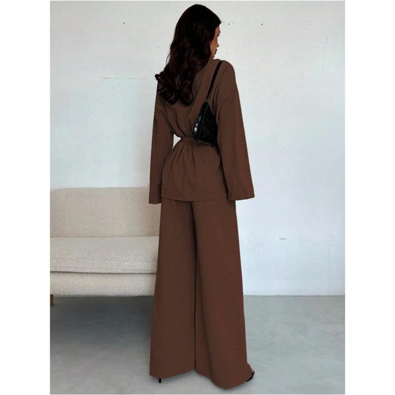 Women's 2 Piece Set V Neck Long Sleeve Belted Blazer & Wide Leg Pants Elegant Casual Office Outfit