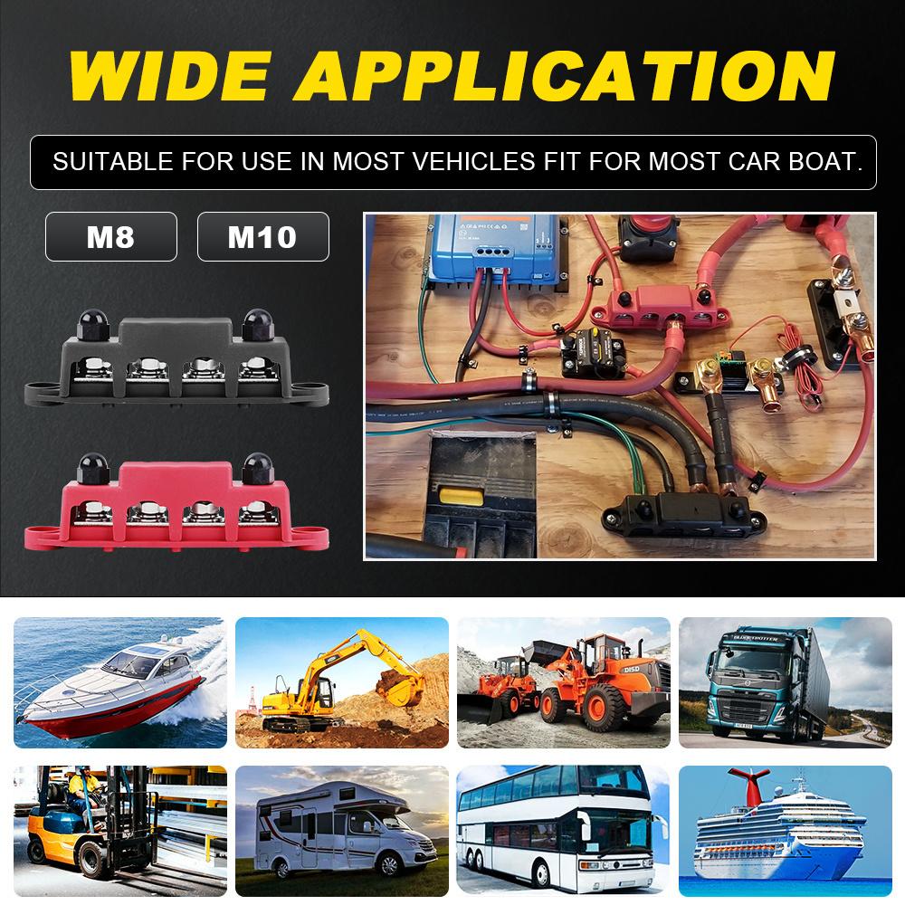 12V 250A Bus Bar Terminal M8 M10 Positive Negative Battery Power Distribution Block With Cover for Boat RV Truck Camper
