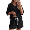 Women Casual Loose Fit V Neck Short Sleeve Top with Drawstring Waist Shorts Set Lightweight Soft Fabric Comfortable Fit