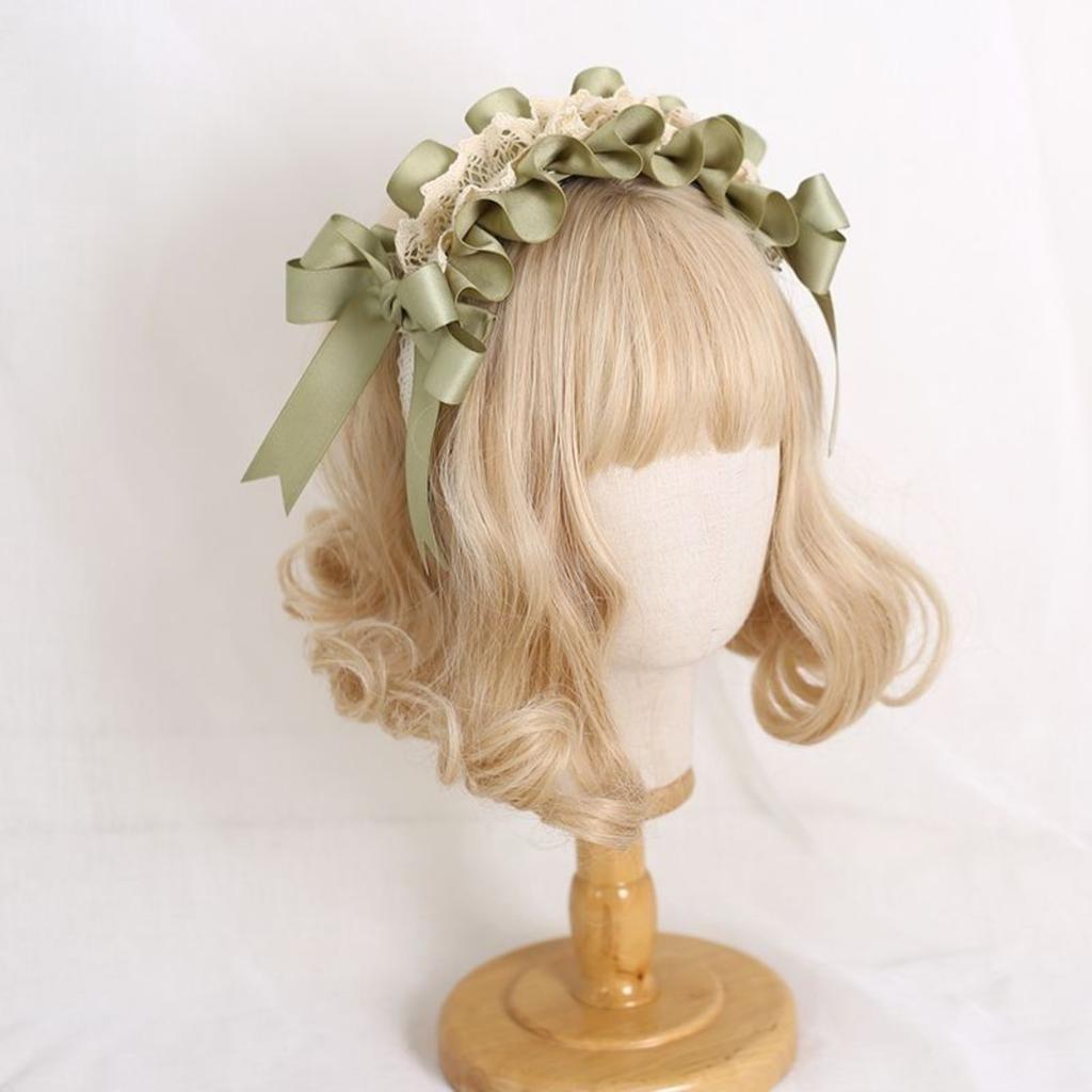 Olive Green Lolita Accessories Set - Satin Bow, Lace & Pearl Hairband, Wrist Cuffs, Hair Clips For Vintage Sweet Lolita Style