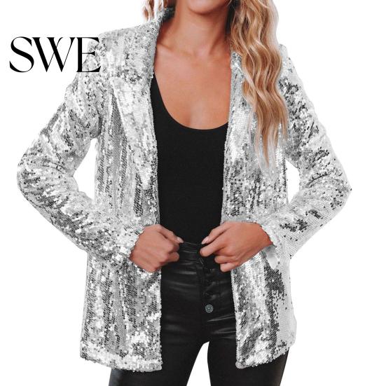 Dressy Sequin Coat Women's Jacket Shiny Open Front Blazer Evening Polyester Party Sparkly Long Sleeve Cardigan with Pockets Women