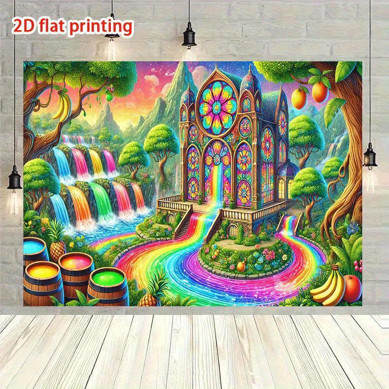 2D plane dreamy colorful waterfall party banner featuring lush greenery waterfall and rainbow sky polyester fiber