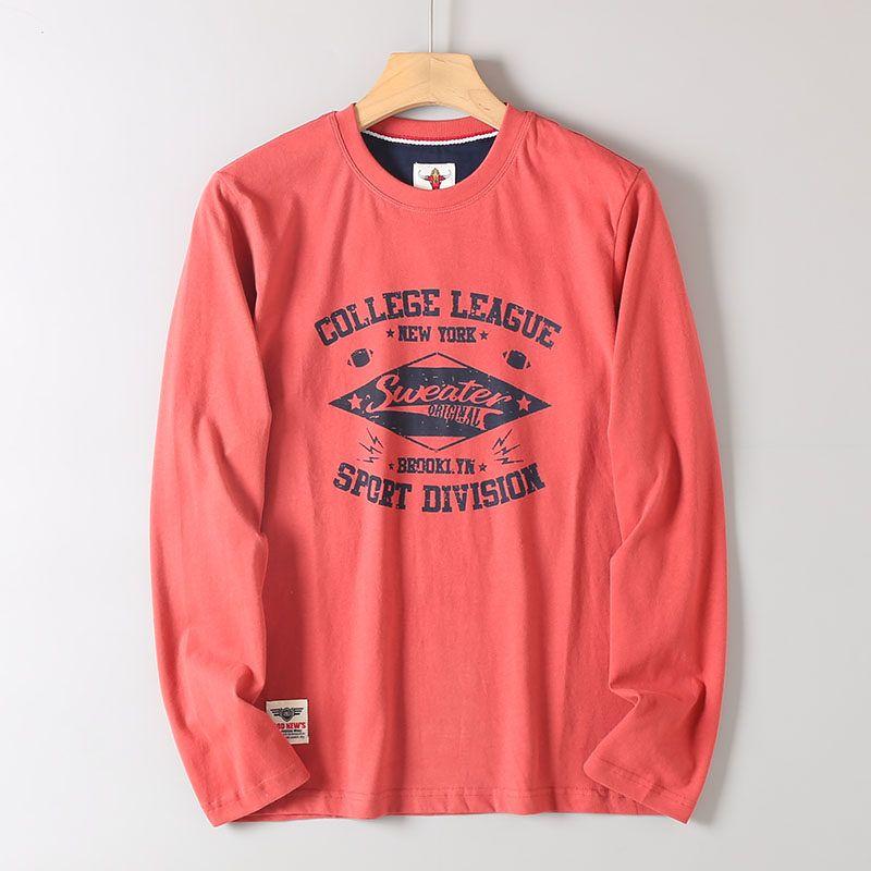Style Men s Clothing Long Sleeves Brushed T-shirt Spring & Fall Retro American Casual Cut Label Cattle Goods OEM Goods Bottoming Shirt Fashion Lychee Red M