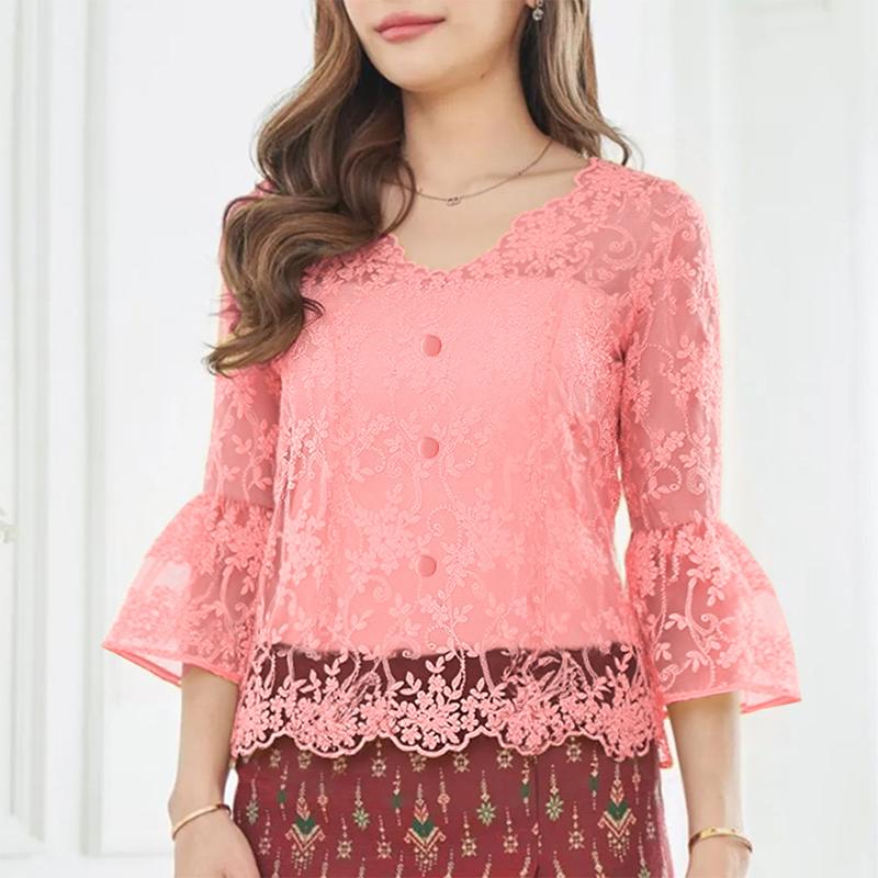 

ZANZEA Женская повседневная блузка с V-образным вырезом, рукавом 3/4 и кружевной вставкой в стиле пэчворк M розовый