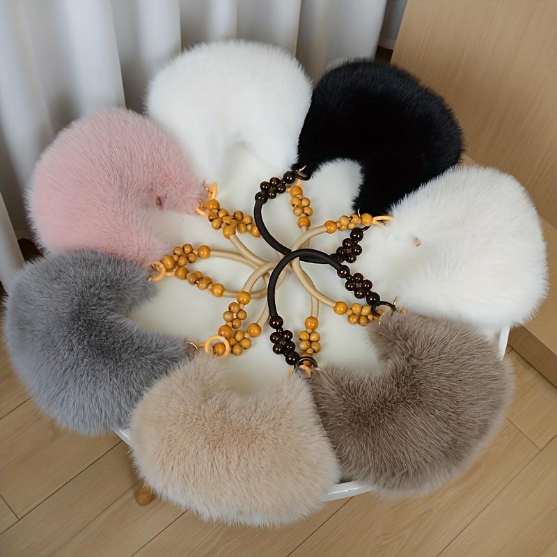 1pc Women's Faux Handbag - Plush Faux Tote & Crossbody Purse with Bead-Accented Strap, Golden-Tone Charm-Like Beads, Zipper Closure