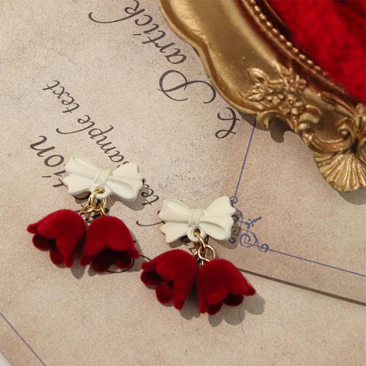 

Серьги-бантики в виде тюльпанов винно-красного цвета: Мечтательная серебряная игла с милым дизайном для ежегодных встреч needle серебряный