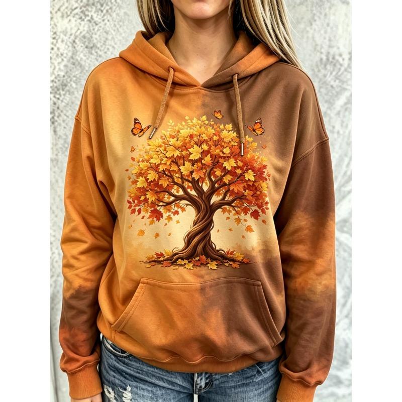 Women Fleece Hoodie Autumn Tree Butterfly Tie‑Dye Print Long Sleeve Drawstring Pocket Loose Hooded Sweatshirt