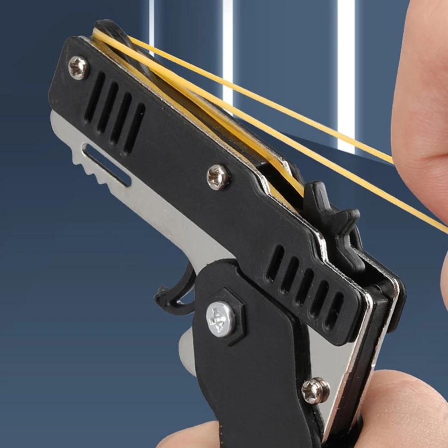Mini Metal Folding Rubber Band Gun with Keychain Pistol Alloy Toy Gun with 60pcs Bands for Kids Outdoor Fun Birthday Gifts