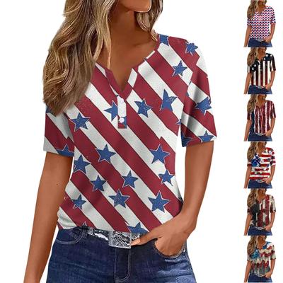 Damski T-shirt Koszulka Druk Dzień Niepodległości Guziki Krótki Rękaw Codzienny Weekendowy Moda Podstawowy Dekolt V Regularny Top
