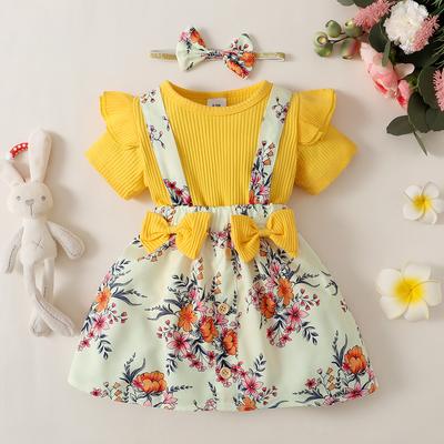 Infant Long-sleeved Jumpsuit Baby Bow Straps Dress Floral Print Dress Three Sets