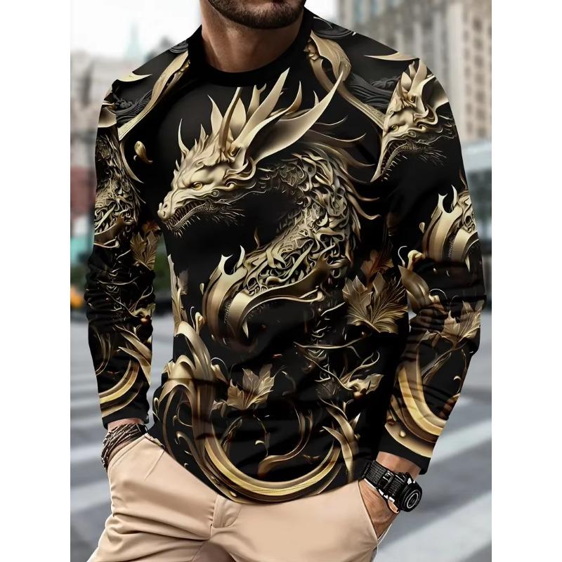 Vintage Men's Long Sleeve T-shirt 3D Golden Dragon Printed T Shirts Harajuku Oversized Top Casual Men's Outdoor T-Shirt Pullover