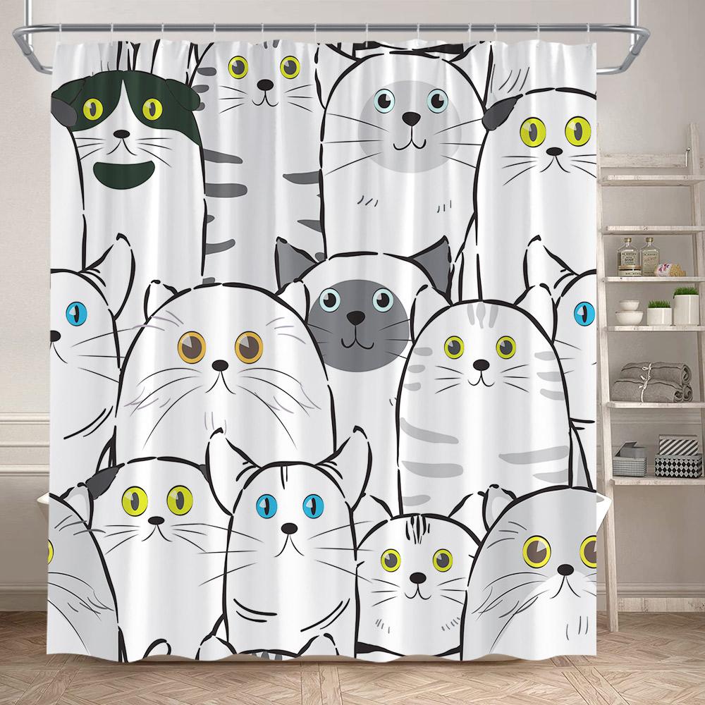 Funny Cartoon Bathing Cats Shower Curtains Cute Animals Pet Cat Kids Bath Curtain Polyester Children Bathroom Decor With Hooks