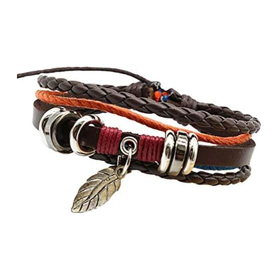 BUZZxSELECTION Men's Bracelet Leather Coin Piece Feather Braided Jewelry Synthetic Leather AC055