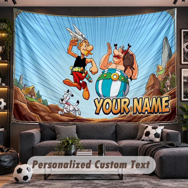 Wall Hanging Tapestry Custom NameAsterix & Obelix Pattern Personalized Printed Fabric Wall Decor