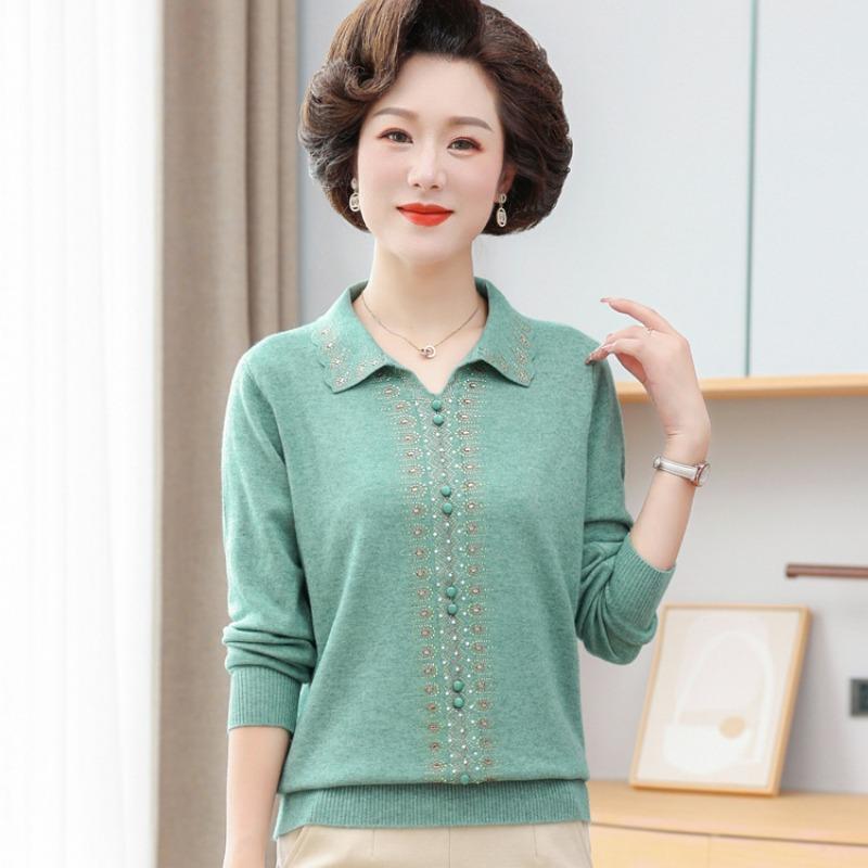 Mom Spring New Long-sleeved T-shirt Casual Age 0 Women's Clothes Medium Women's Spring Lapel Top