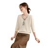 Women's V-Neck Wool Blend Knit Top with Scarf Tie
