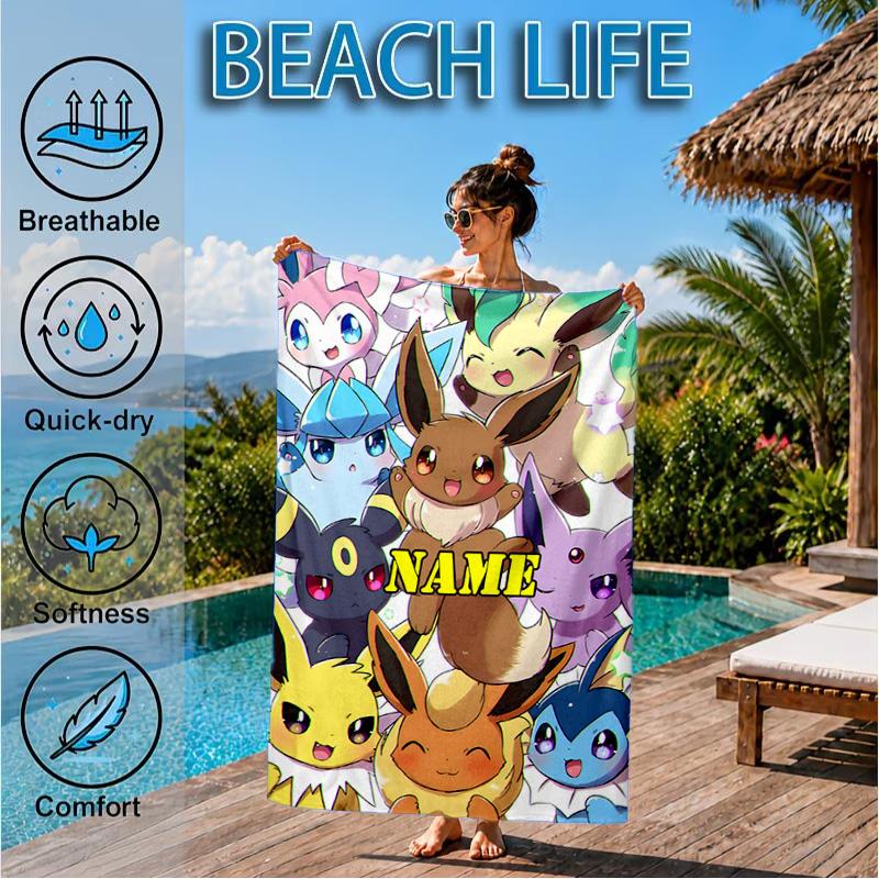 Custom Name Beach Towel Pikachu Friends Microfiber Beach Towel Super Soft & Absorbent for Bath, Beach, Travel Bath Time Accessory, Fan gifts