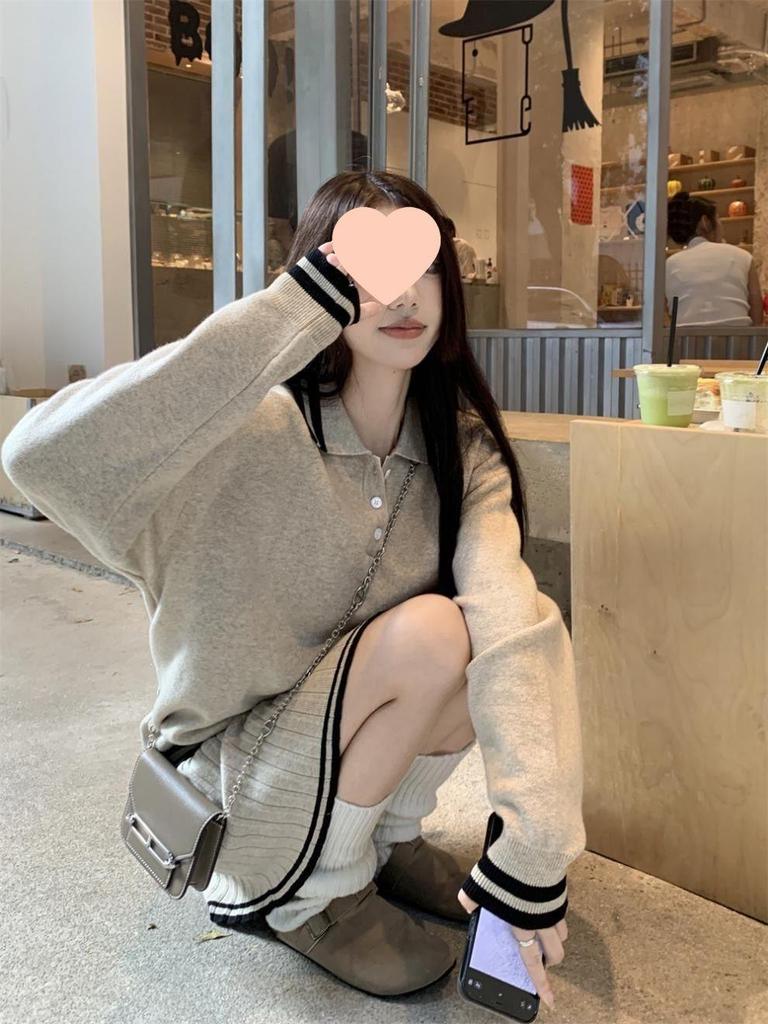 Korean Style Loose Fit Knitted Sweater & Pleated Midi Skirt Two-Piece Set