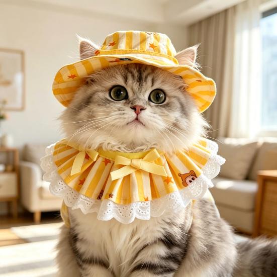 1 Set Kattenkostuum met Sterrenprint Gele Witte Gestreepte Hoed en Kant Ruffle Katten Slab Cute Huisdier Bandana Slab Outfit voor Katten Kleine Middelgrote Honden
