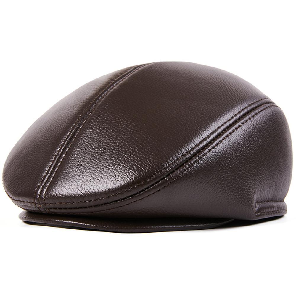 

HT4847 Mens Berets High Quality Genuine Leather Caps for Men Autumn Winter Earflap Cap Male Ivy Flat Cap Dad Plus Size Beret Cap 3XL 61-62CM темно-коричневого кольору