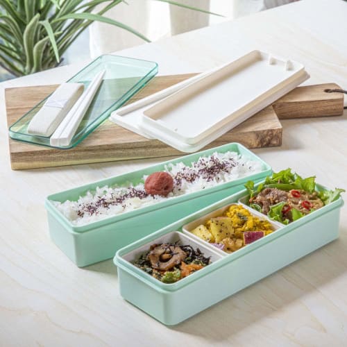 Skater Nutritionally Balanced Bento Box, 2-Tier, with Silicone Inner Lid, 900ml Capacity, Slim Type, with Inner Filler, Powder Pastel Green, Made In J