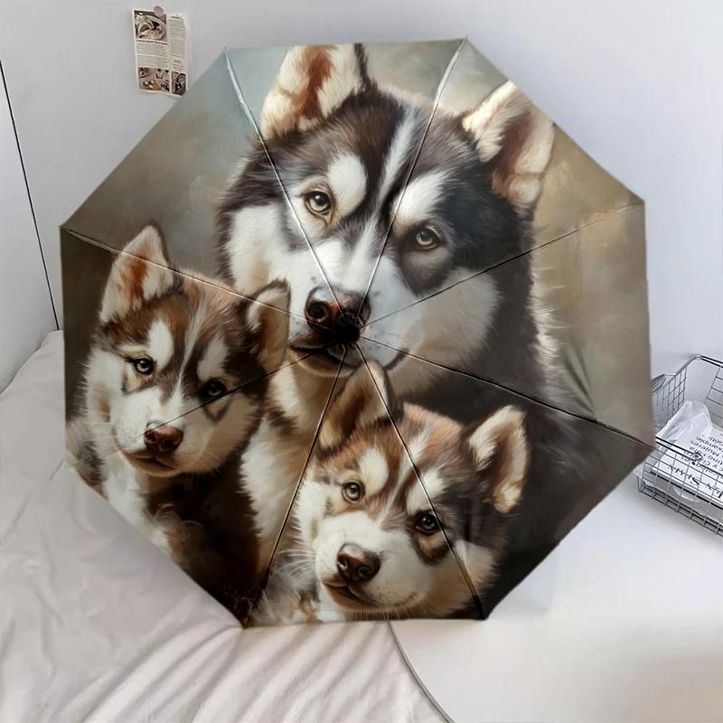 Husky pattern, automatic folding umbrella, portable and foldable design, 8 ribs, a Christmas or birthday gift.