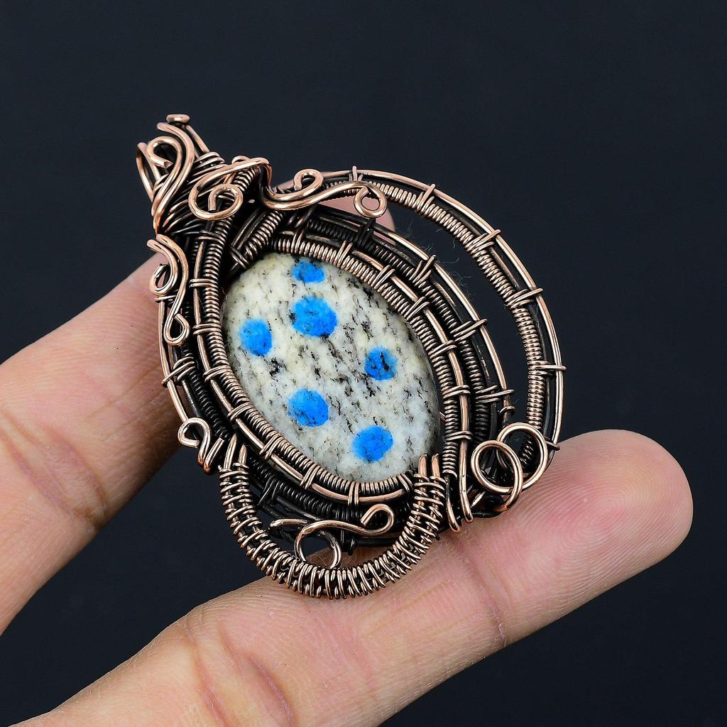 K2 Azurite Pendant, 999 Copper Wire Wrapped Gemstone Jewelry, Handmade Pendant, For Thanksgiving