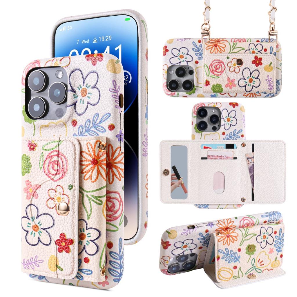 Chic Simple Floral Pattern PU Leather Case for iPhone 16e 11 12 13 14 15 Pro Max Plus Long Lanyard Mirror Card Holder