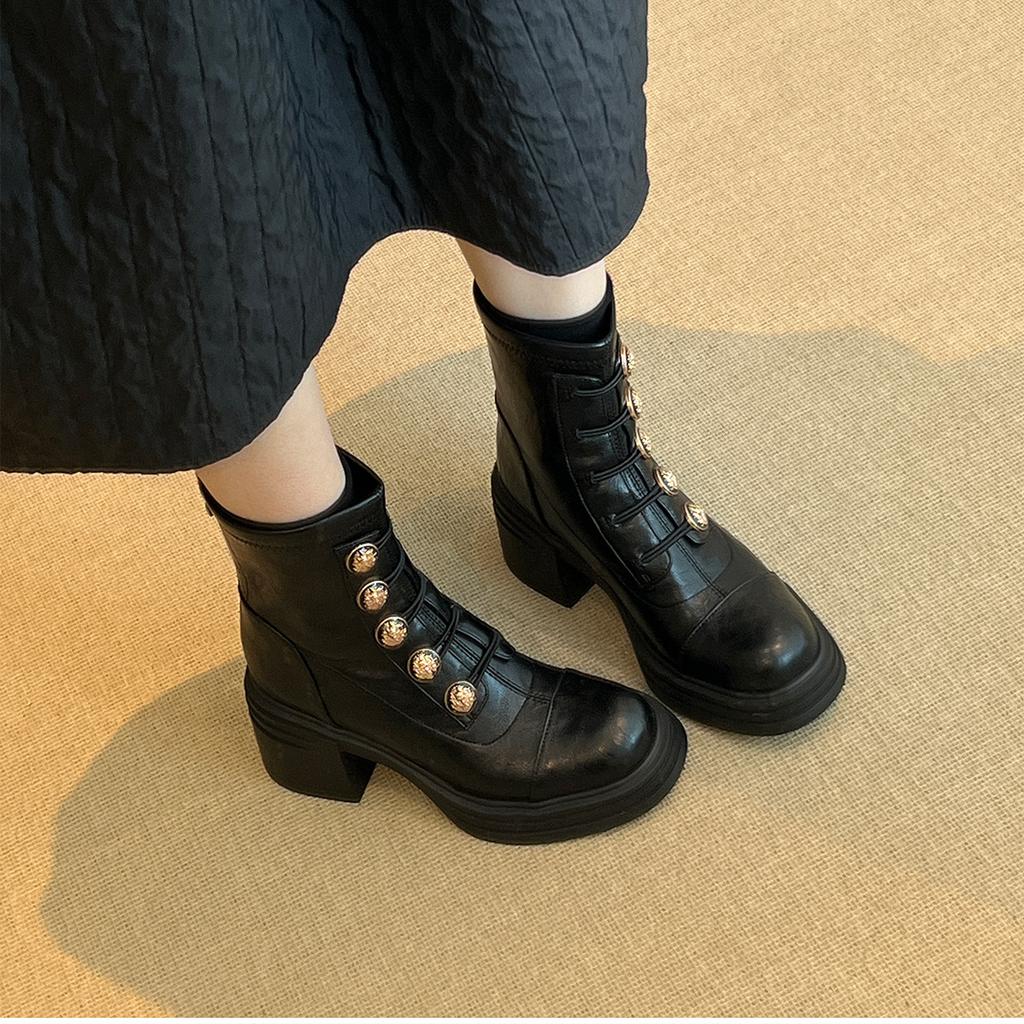 Spot badge small gold buckle short boots retro British high-heeled elastic boots 2025 autumn and winter thin boots women's thick heels