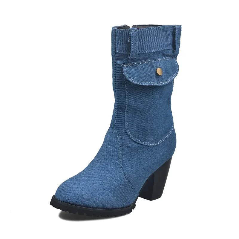 Cizme Retro Denim Până la Mijlocul Gambei Toamnă Iarnă Vârf Rotund Pantofi Roma Decor cu Buzunar Fermoar Lateral Tocuri Înalte Groase Botine