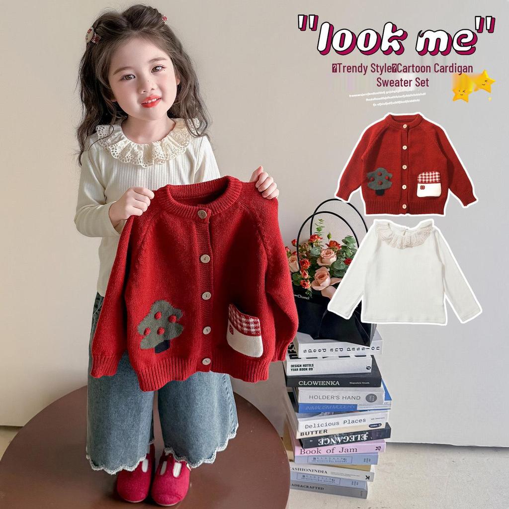 2025 Girls' Fashionable Cartoon Cardigan Sweater, Korean Style, Lace Trim for Spring and Autumn.