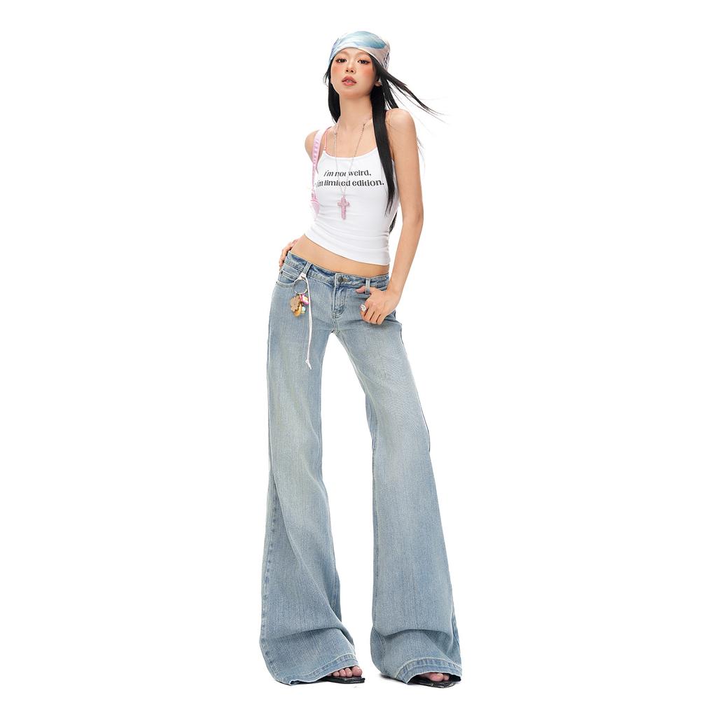 Light-colored low-waisted and slightly pulled jeans, women's summer new loose-fitting wide-legged and thin, no-leg flared pants