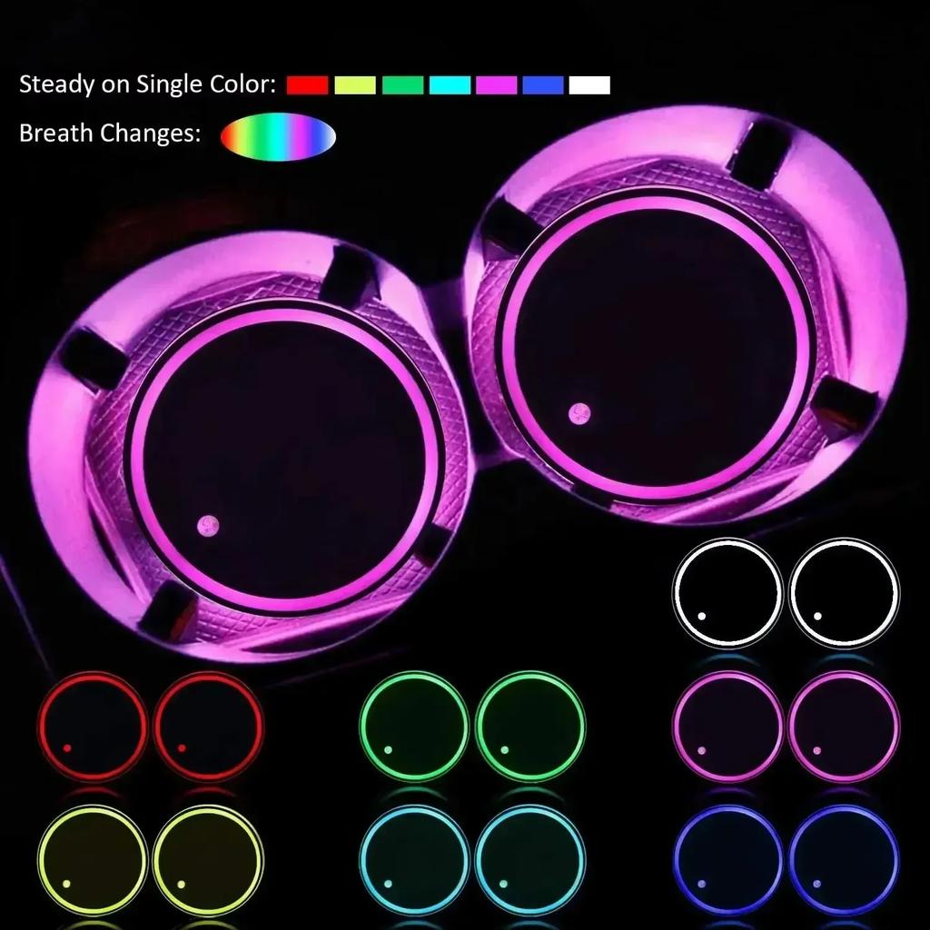1/2pcs LED Car Cup Holder Lights, 3 Modes 7 Colors Charging Coaster Cup Pad, LED Interior Atmosphere Car Lamp Decoration In