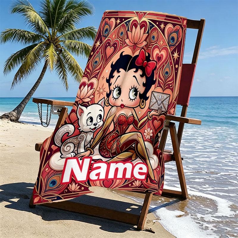 Custom Name Personalized Betty Boop Print Beach Towel, for Trip Camping Beach Party Home Decor, Birthday Gift for Family & Friends