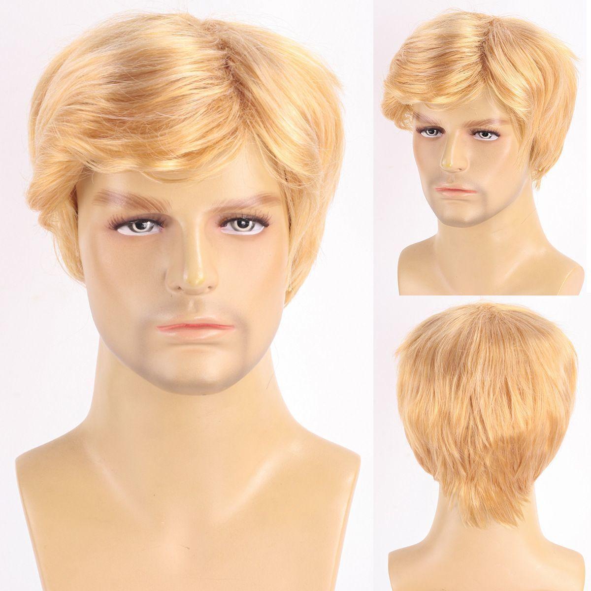 Fashionable Men s Wig: Short Straight Hair with Side-Swept Bangs, High-Temperature Silk, Golden Short Hair Wig K348