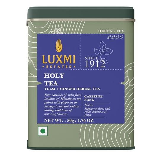 LUXMI Estates Holy Tea Powder 50Gm Tin |Usda Certified Organic Tulsi Tea|Tulsi + Ginger Herbal Tea