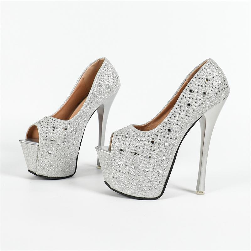 Fashion Eilyken Spring Platform Women Pumps Sexy Sequined Cloth Peep Toe Mule Shoes Elegant Stiletto High Heels Pole Dance Sandals