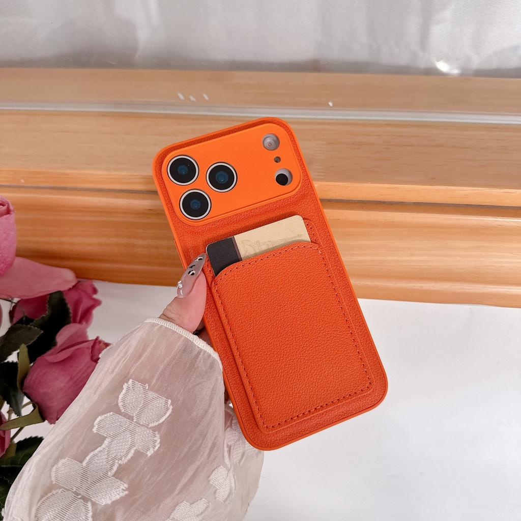 Orange Color Card Holder Leather Case For iPhone 17 Air 16 E 15 14 13 12 Mini 11 Pro X XR XS Max 7 8 Plus SE Wallet Pocket Cover