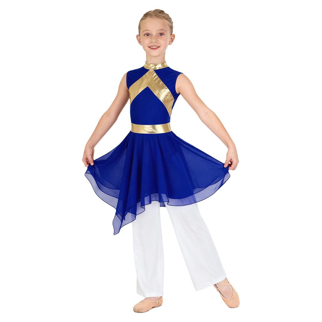 Praise Dance Costume for Kids Girls: Asymmetrical Sleeveless Metallic Dress & Comfortable Wide-Leg Pants with Elastic Waist