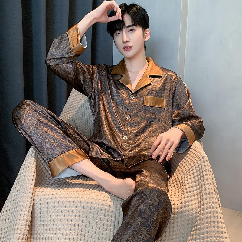 Conjunto de Pijama para Hombre Primavera Otoño Seda de Hielo Cárdigan de Manga Larga Ropa de Dormir de Satén para Exterior Masculino Ropa de Casa Verano