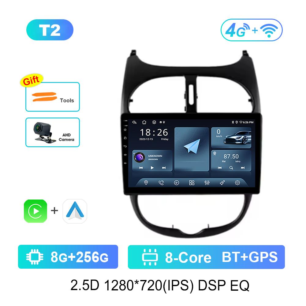 9 Inch Navigation GPS 4G Carplay for Peugeot 206 2001 - 2016 Android OS Car Video Multimedia Player BT QLED Touch Screen WiFi